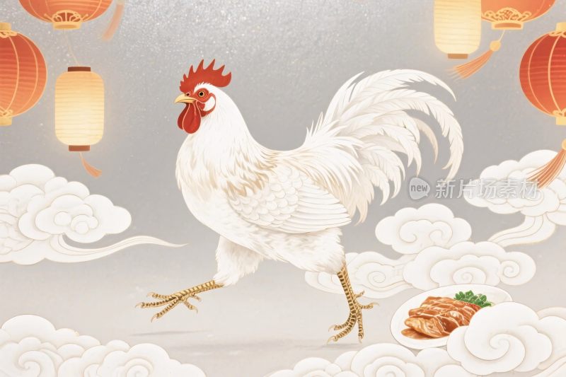 生肖鸡与灯笼插画