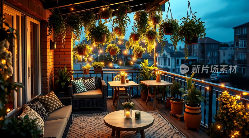 温馨阳台绿意盎然灯光璀璨舒适休闲空间