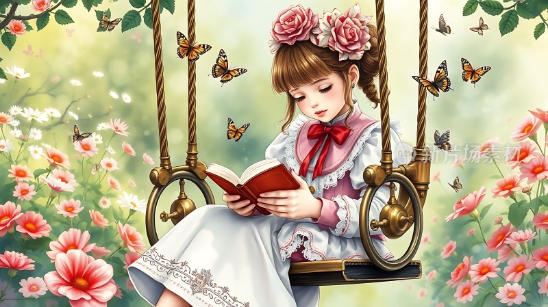 阅读时光花丛中的书香女孩