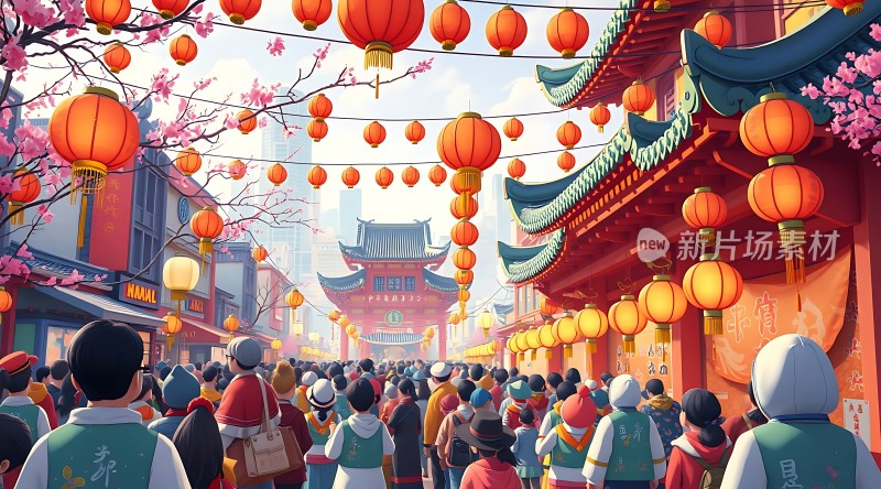 春节庙会热闹非凡灯笼高挂人潮涌动