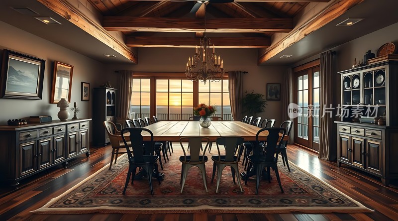 温馨餐厅木质餐桌椅与吊灯营造优雅氛围