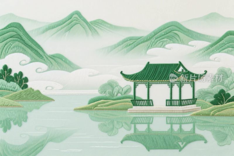 山水古亭水墨风景插画