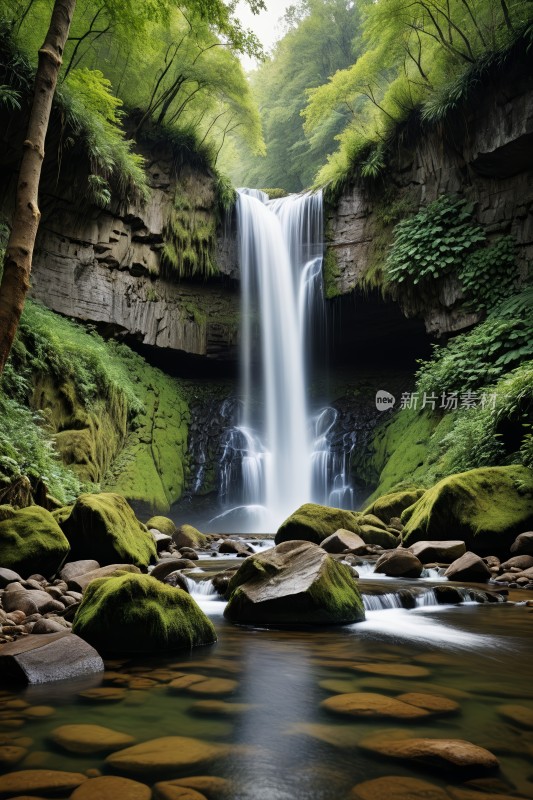 森林中央一座瀑布里面有岩石图片