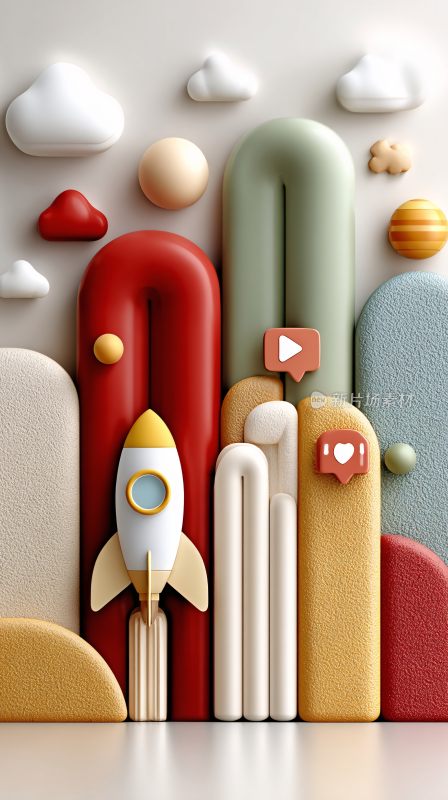 多彩立体火箭插画场景