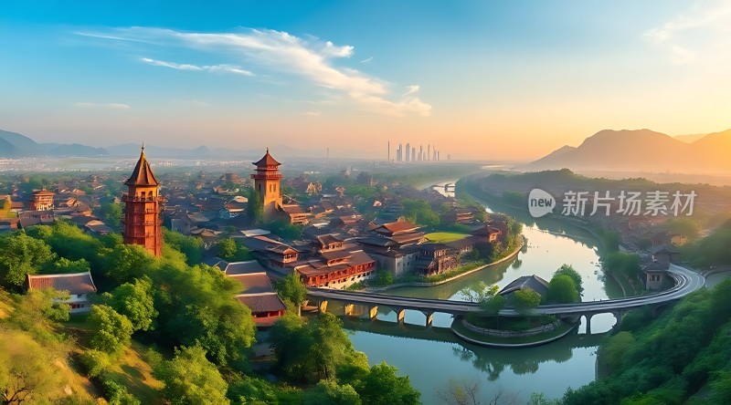 古塔、河流与城市风光