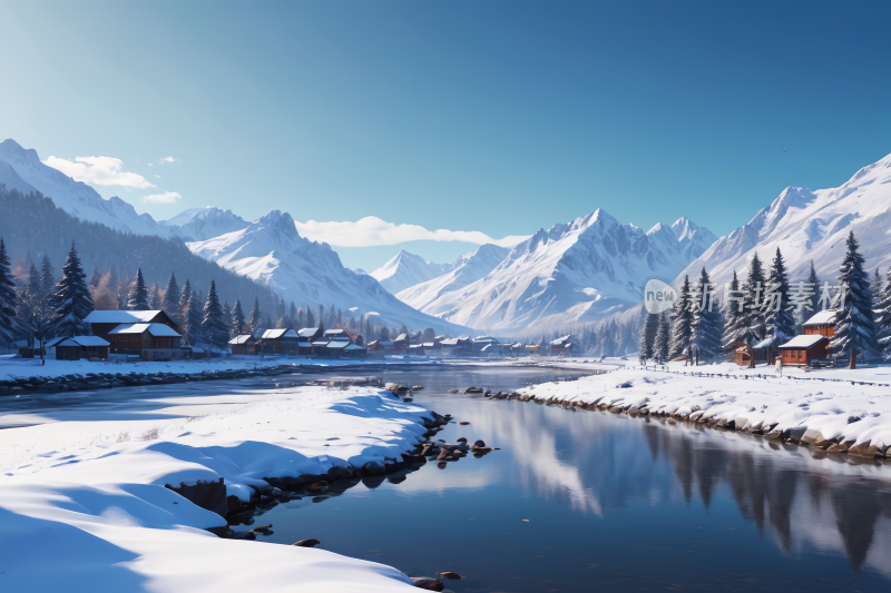 雪山山脉一条河流和一个小村庄高清风景图片