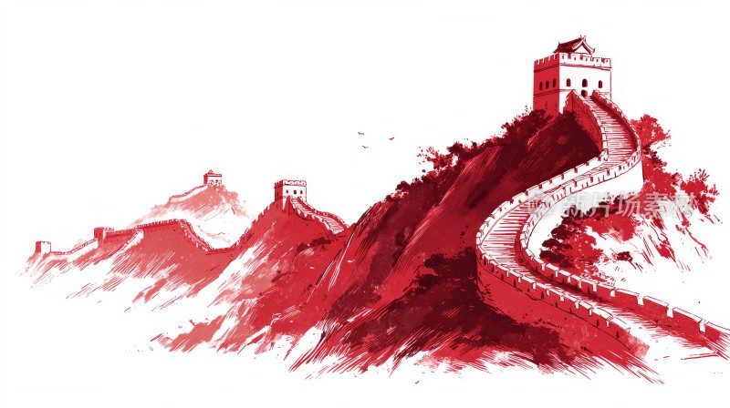 红色线条勾勒的长城