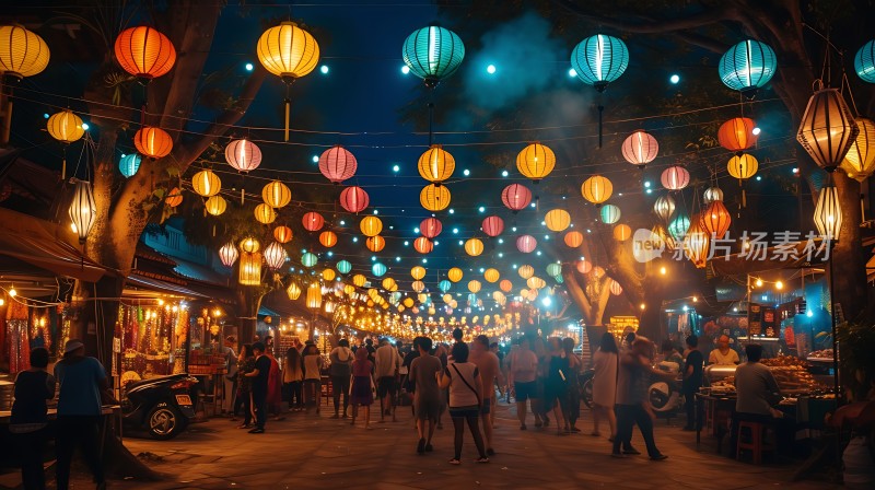 夜市灯笼下的繁华街景