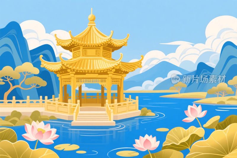 古风凉亭荷塘山水插画