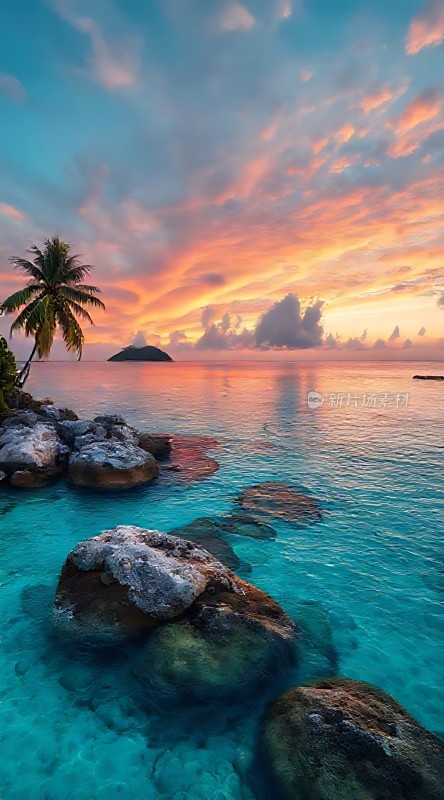 椰林晚霞映碧波