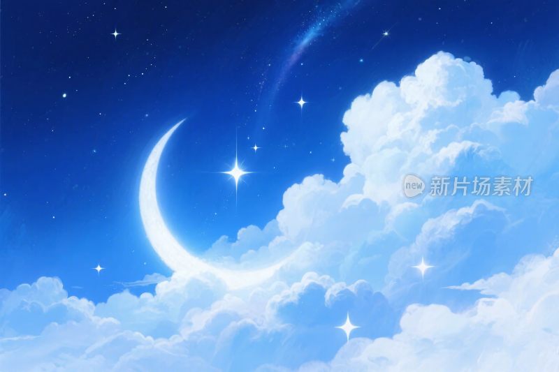 梦幻夜空月亮星星云朵
