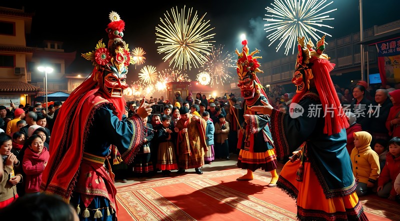 面具舞者燃放烟花庆祝节日