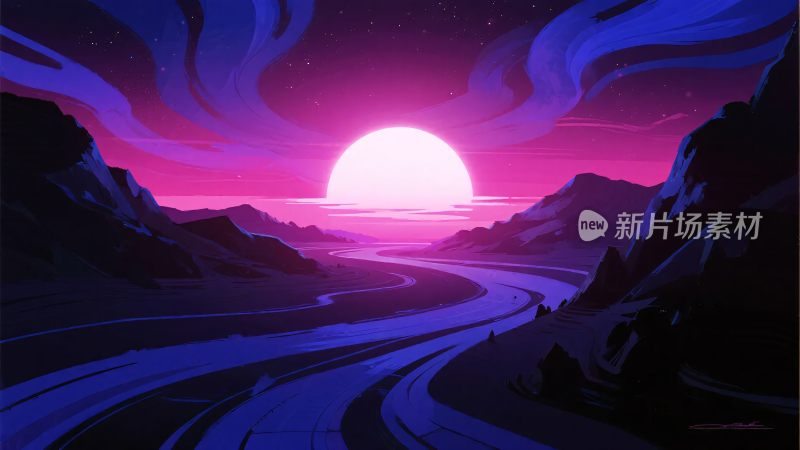 梦幻的山间日落景象