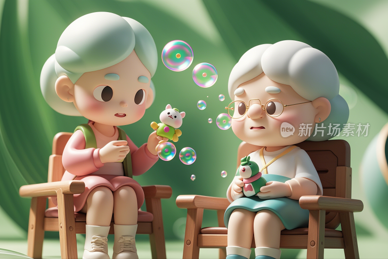 重阳节老人国潮泡泡玛特C4D创意插画设计