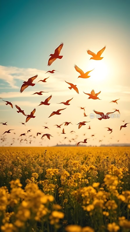 阳光下的花海与飞翔的鸟群