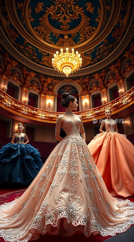 华丽舞会上的三位模特展示精美礼服