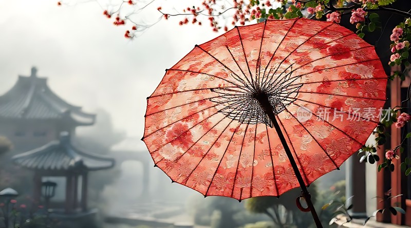 红色油纸伞下的古风园林