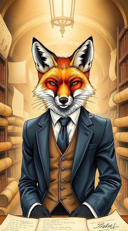 狐狸绅士在书房中阅读书籍
