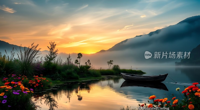 湖畔晨曦映花影小舟静卧待新光