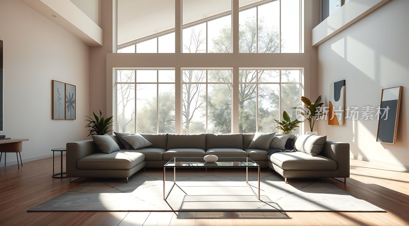 阳光洒满现代客厅简约沙发与自然美景相映成趣