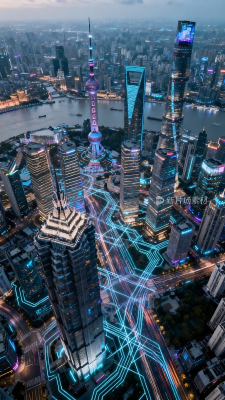 上海夜景摩天大楼与未来交通网络