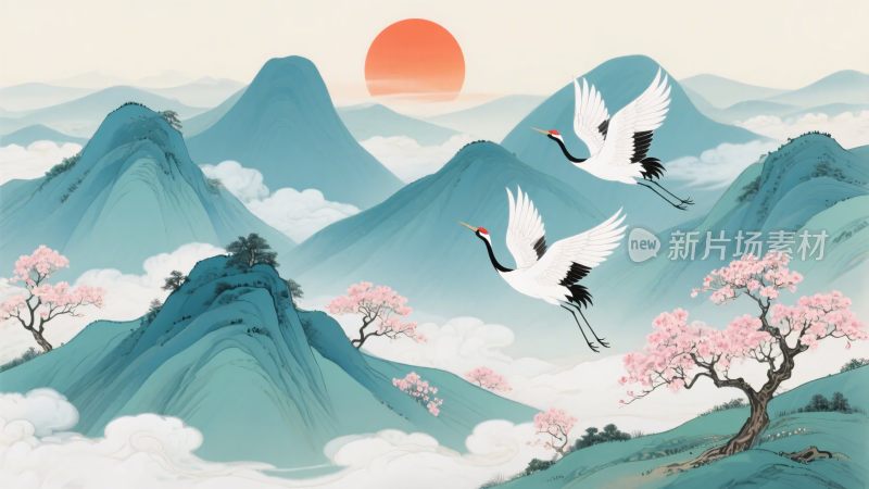山水间双鹤伴日飞翔图景