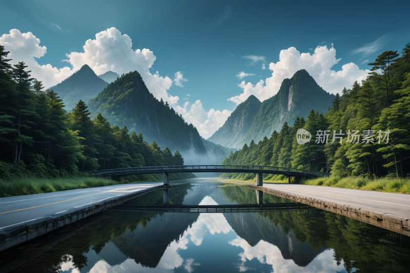 河上一座桥一座高山清风景插画图片