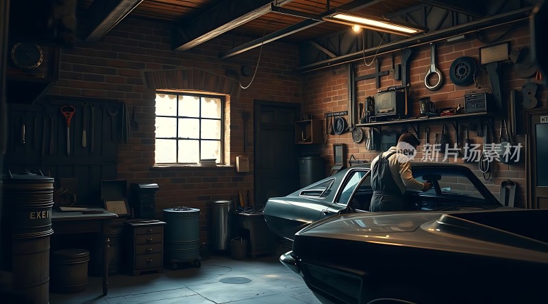 车库里的经典汽车维修场景