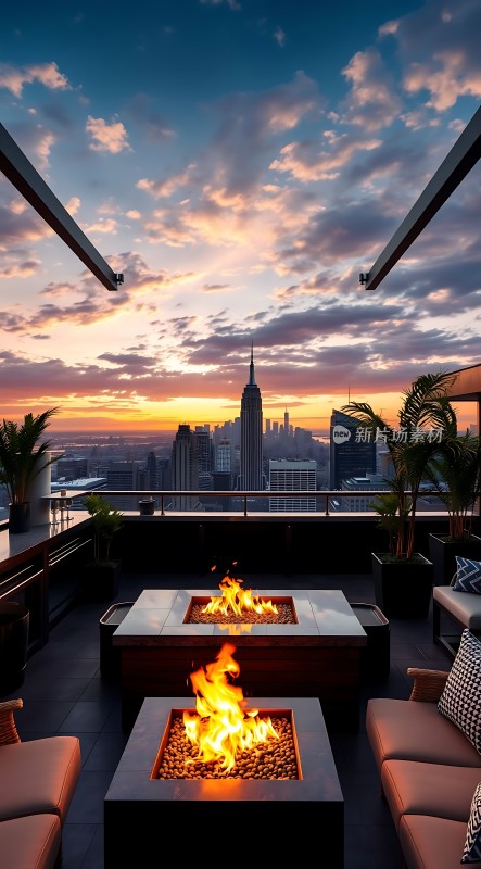 日落时分的城市天际线与户外火坑休闲区