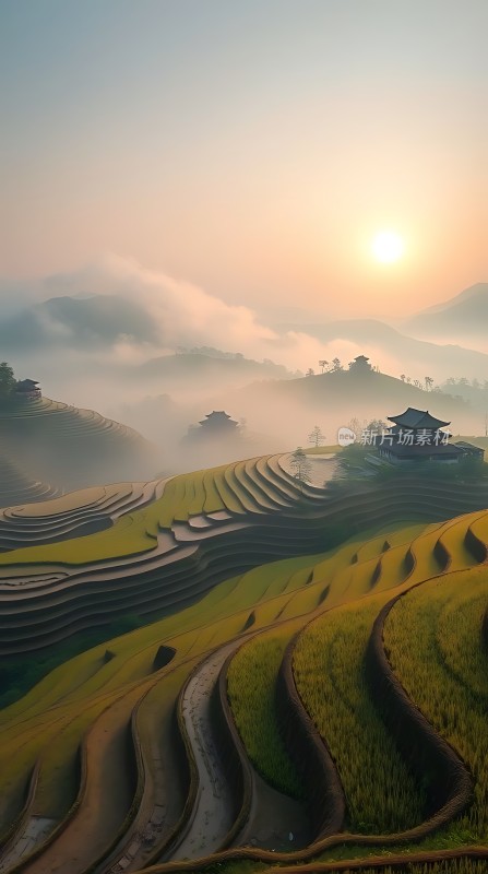 梯田晨曦阳光洒满大地