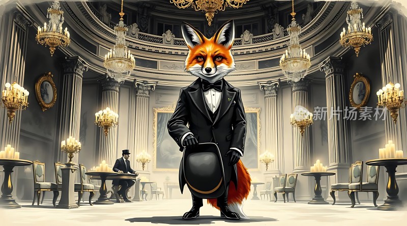 狐狸绅士在豪华大厅中优雅地站立