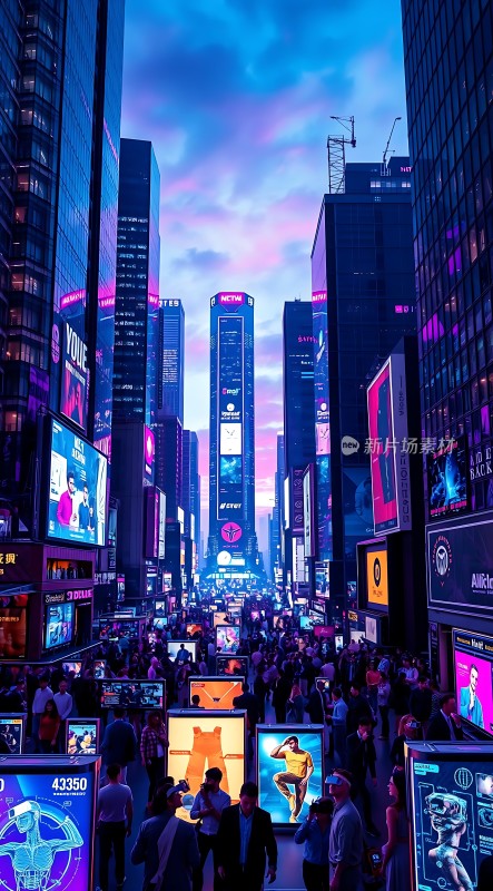 繁华都市夜景霓虹闪烁人群熙攘