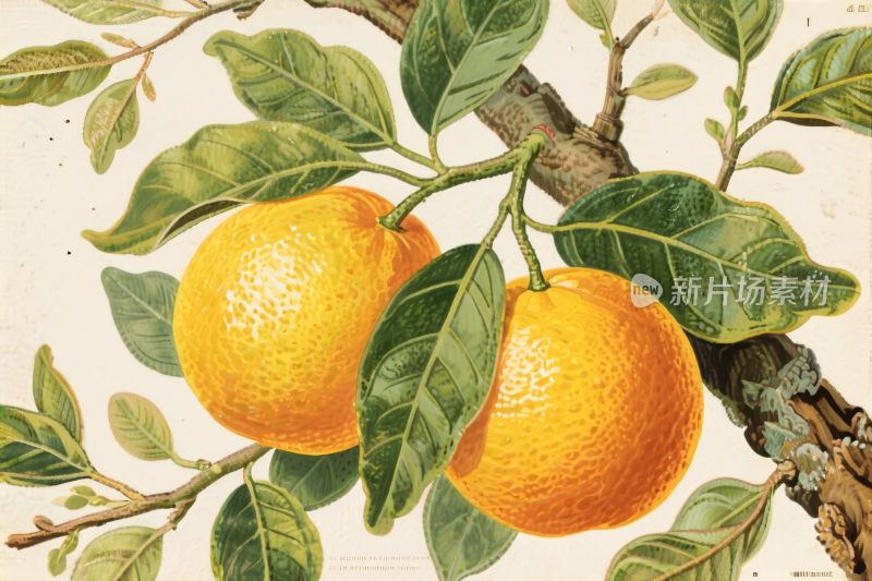 橙子枝叶手绘插画