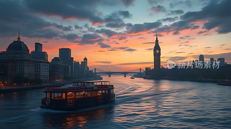 伦敦黄昏时分的泰晤士河畔美景