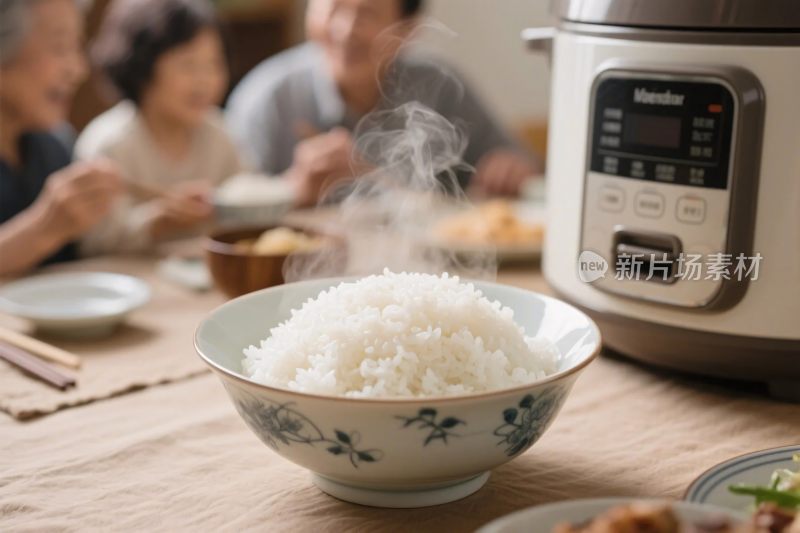 餐桌上米饭与电饭煲