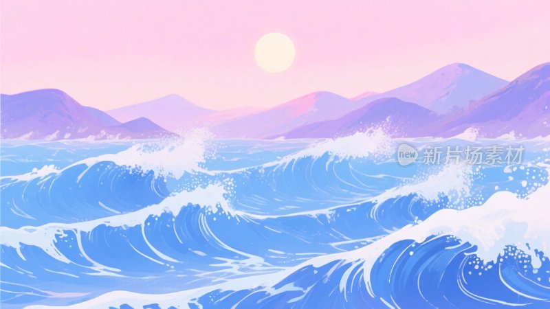 海浪与远山的唯美风景插画