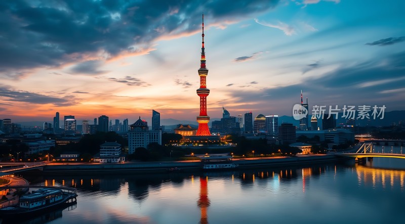 东方明珠映日辉黄浦江畔夜色美