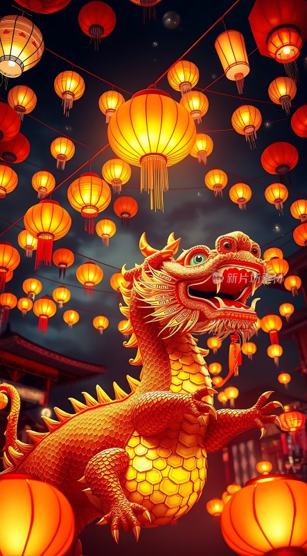 龙舞灯笼映夜空