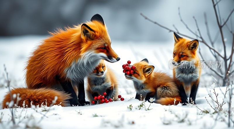 雪地红狐一家共享浆果时光