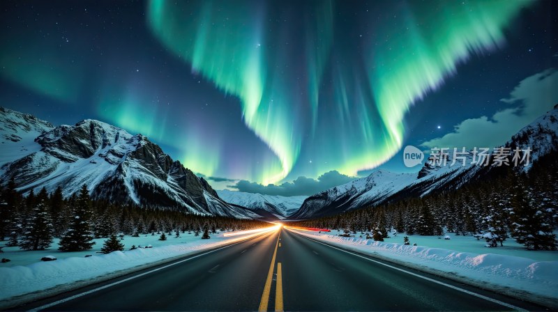 自然风景公路北极极光夜空