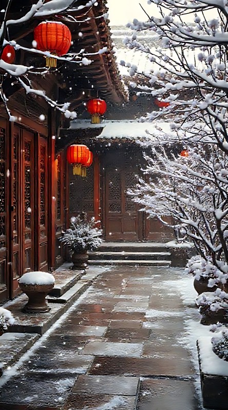 雪中古院红灯笼