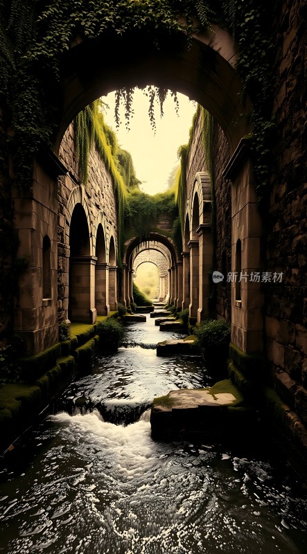 古建筑下的宁静小溪