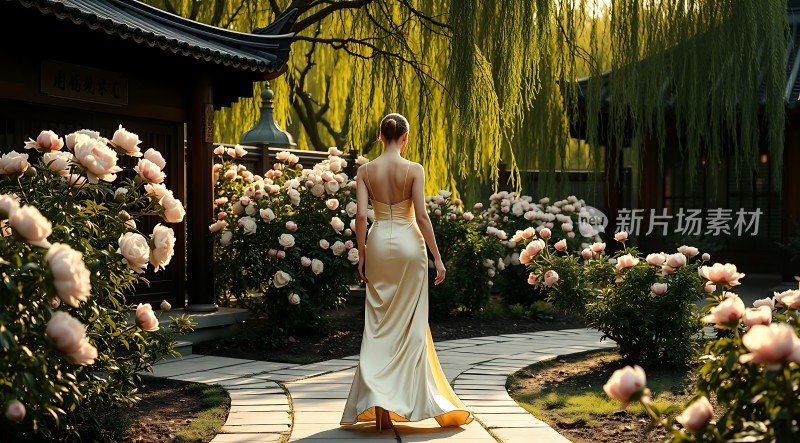 金色长裙佳人漫步花径间