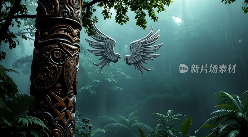 新片场素材 神秘森林翅膀图腾柱