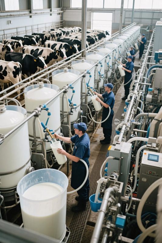 工厂内工人操作奶牛挤奶设备