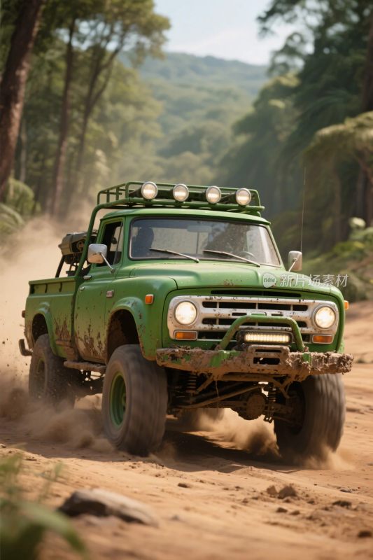 绿色越野卡车在林间泥路行驶