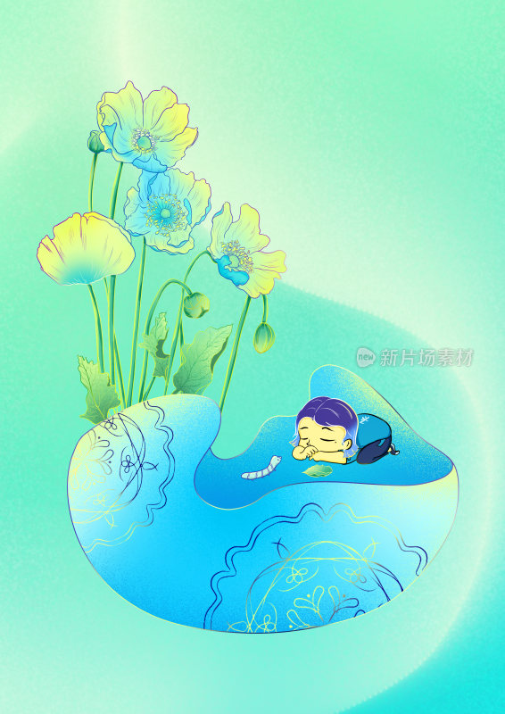 二十四节气夏小满蓝色虞美人小孩趴在看蚕