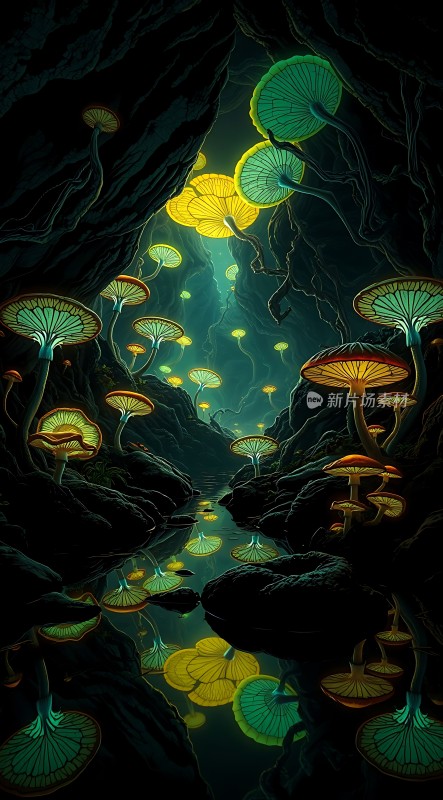 神秘洞穴中的荧光蘑菇奇观
