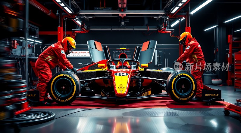 红黄赛车车间内两名工人正在检查车辆