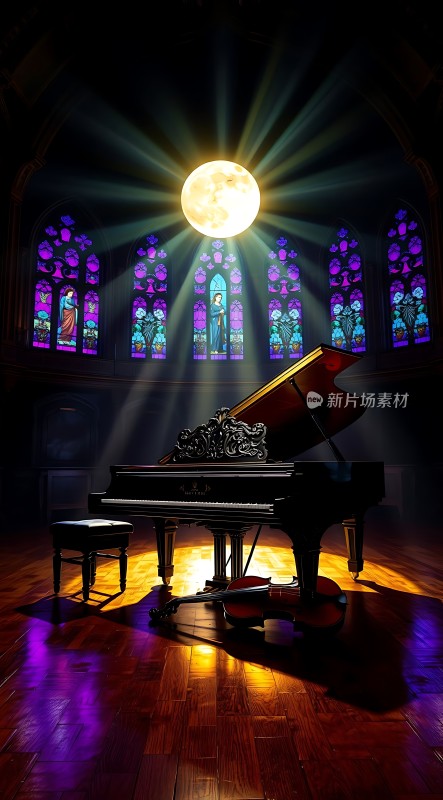 钢琴与彩色玻璃窗下的月光